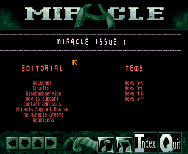 Miracle by IRIS in all its glory. Here is the main menu. Stylish and elegant interface (screenshot done by Old School Game Blog for Classicamiga.com)