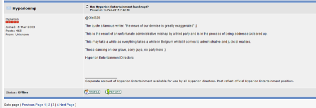 Statement from Hyperion (screenshot by Old School Game Blog)