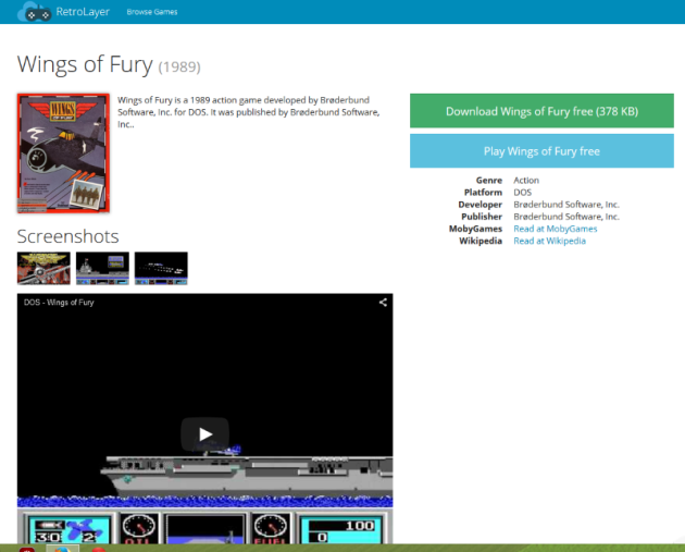 Wings of Fury at RetroLayer (screenshot by Old School Game Blog)