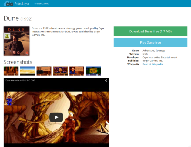 Dune at RetroLayer (screenshot by Old School Game Blog)